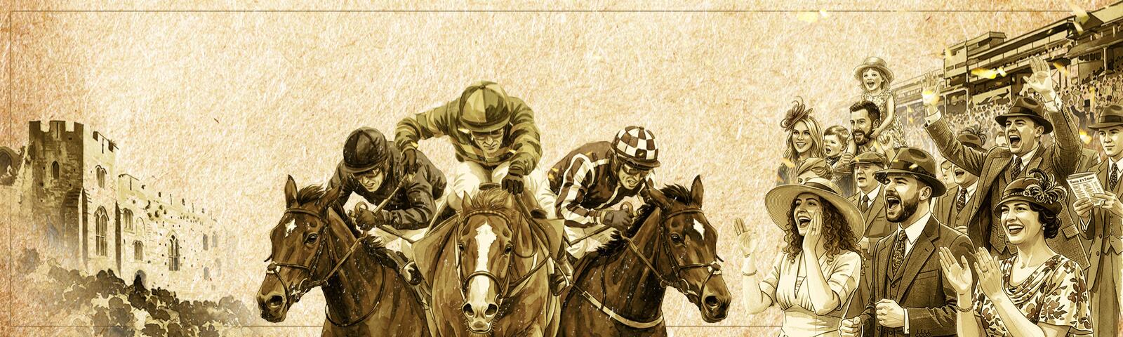 Illustrated centenary horse racing scene featuring three jockeys racing toward the finish, with a historic castle on the left