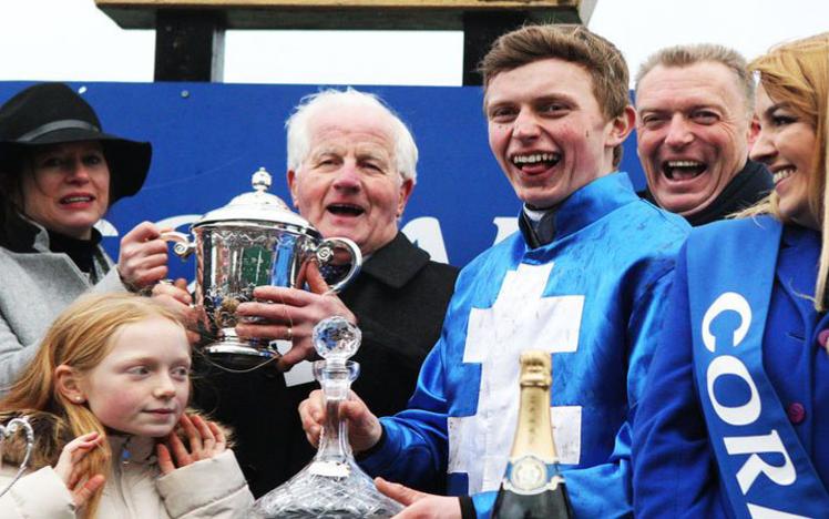 All involved celebrate the success of Raz De Maree in the Welsh Grand national.