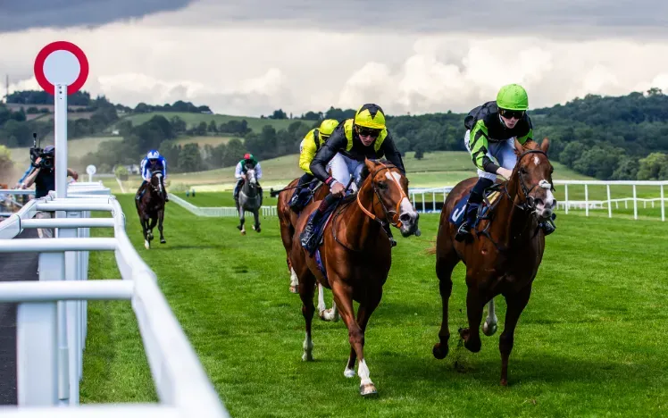 Horses passing the finishing post at Chepstow Races