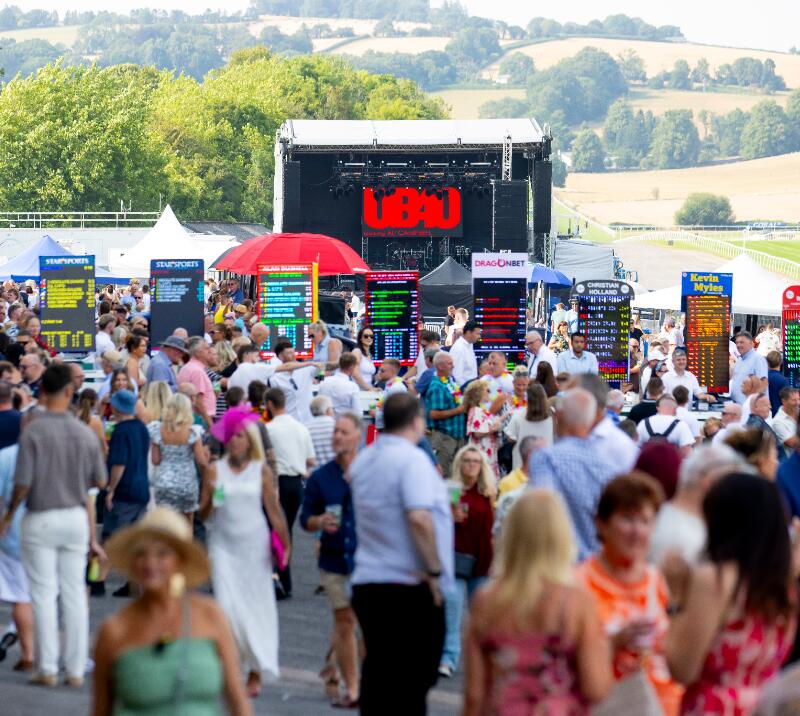 The betting screens in front of a stage at Chepstow Racecourse
