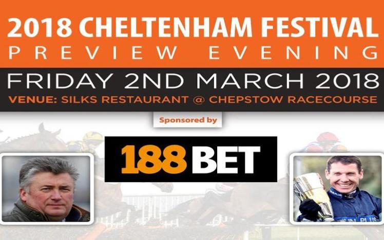 A promotional image for the Cheltenham Festival Preview Evening at Chepstow Racecourse.