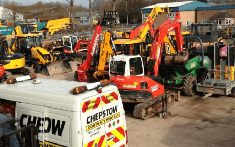 A picture of construction vehicles with the Chepstow Contract Rentals advertised.