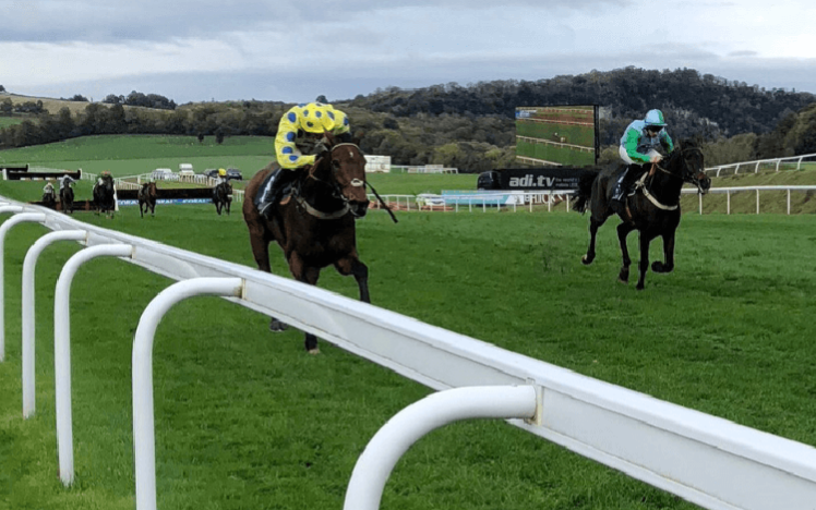 Two horses broken away from the main pack charge down a straight at Chepstow Racecourse.