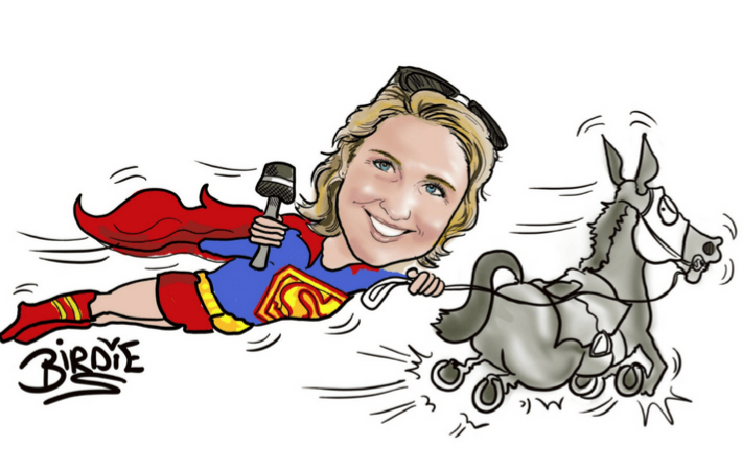 A caricature of Hayley Moore holding back a galloping horse.