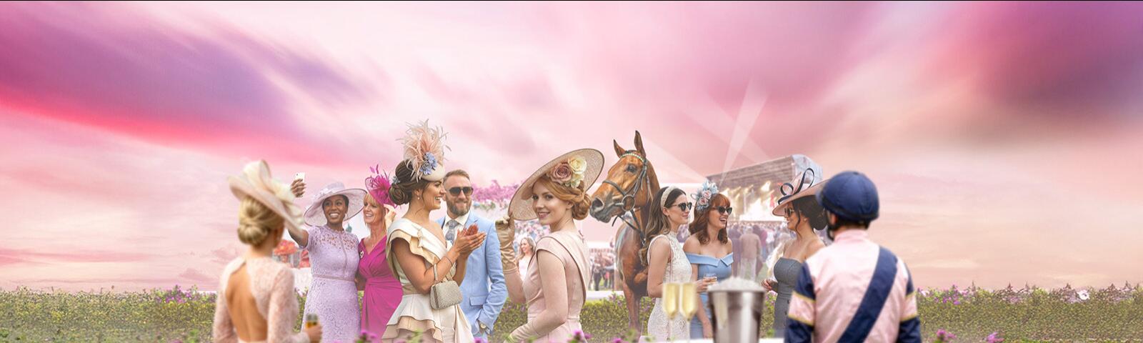 Ladies Day race event banner with stylish racegoers, a jockey and horse, and champagne under a pink sunset sky.