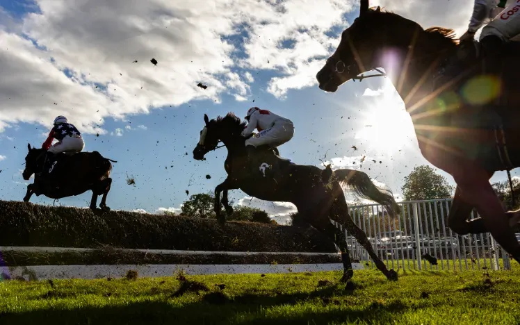 Horses jumping over a fence at Chepstow Racecourse