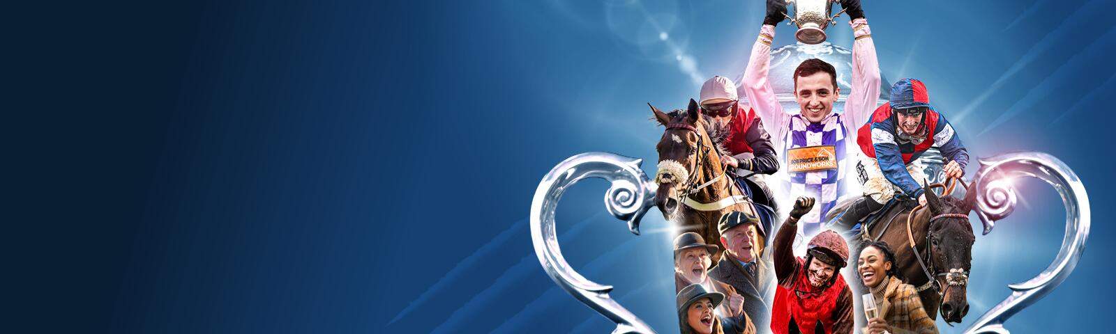 Coral Welsh Grand National horse racing banner with jockeys, trophy, fans at Chepstow Racecourse