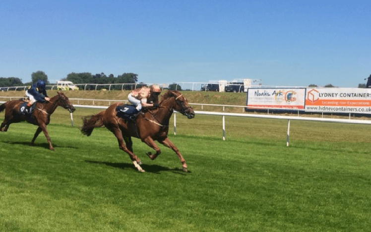 Two horses galloping along a straight at Chepstow Racecourse.