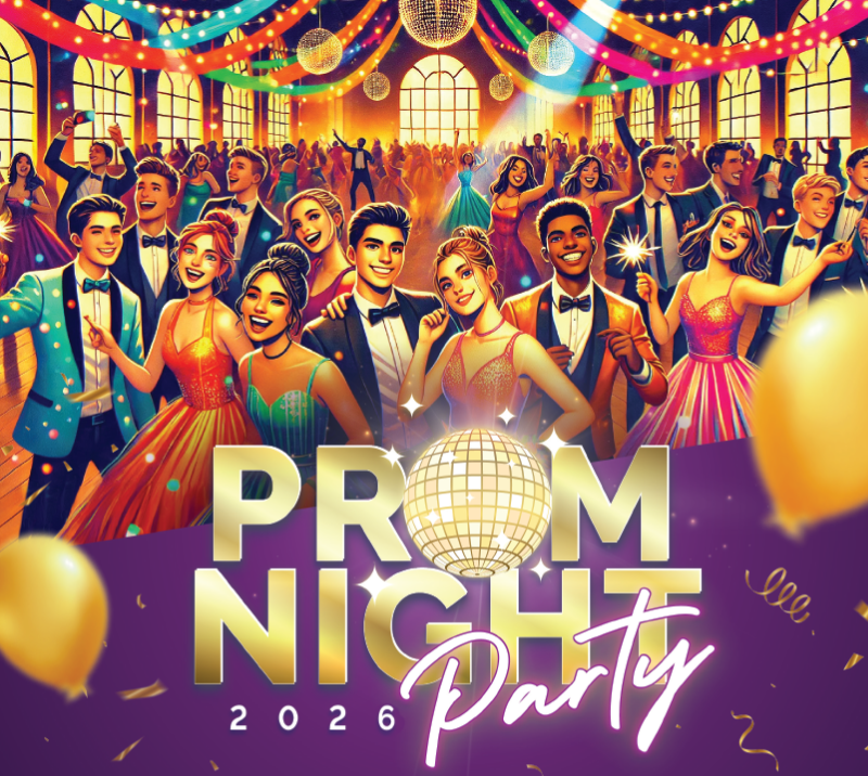 prom party nights 2026, people dancing and disco balls