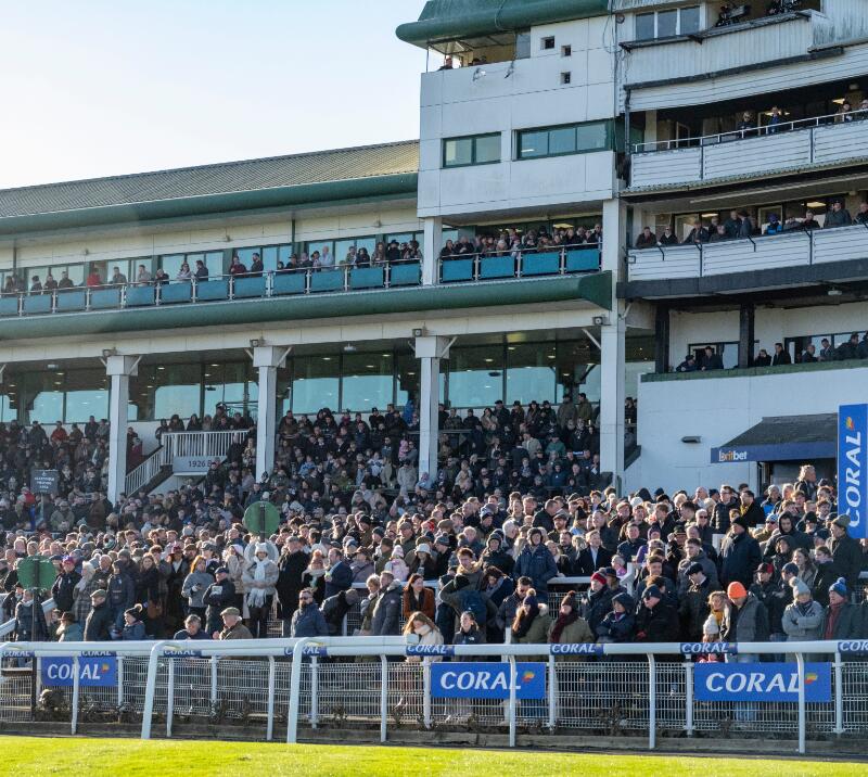 The crowds in the grandstand at Chepstow Racecourse