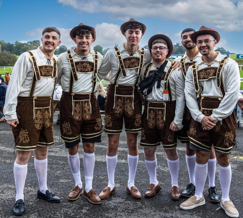 A group of guys at Chepstow Races dressed up for Oktoberfest