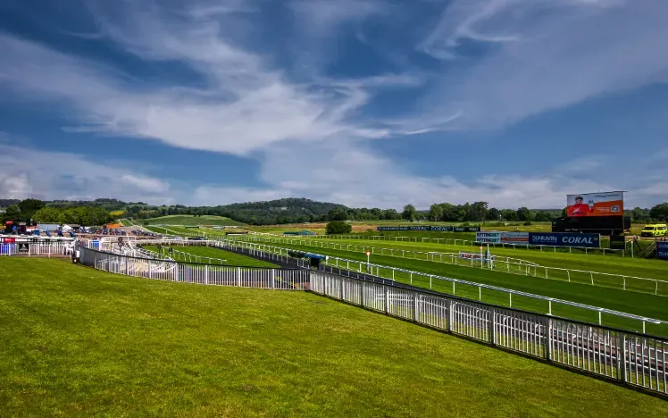 The beautiful greens of the track at Chepstow Racecourse with a summer sky.