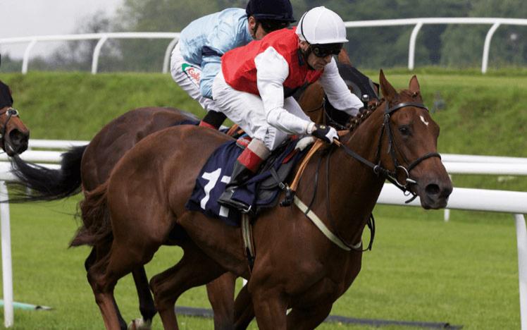 Jockeys racing at Chepstow Racecourse.